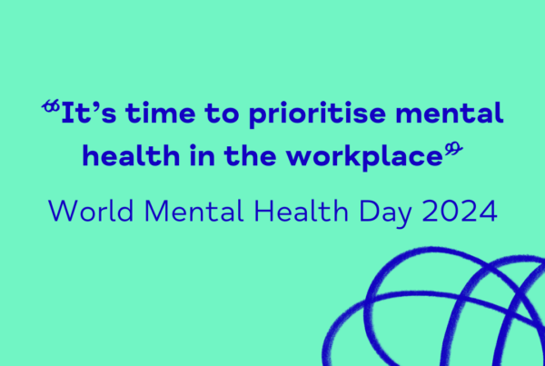 Blue text on green background reads "it's time to prioritise mental health in the workplace, World Mental Health Day 2024" alongside a blue Mind scribble